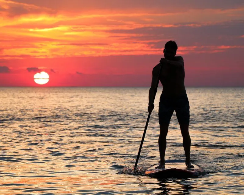 A person on a stand-up paddleboard silhouetted against a sunset
