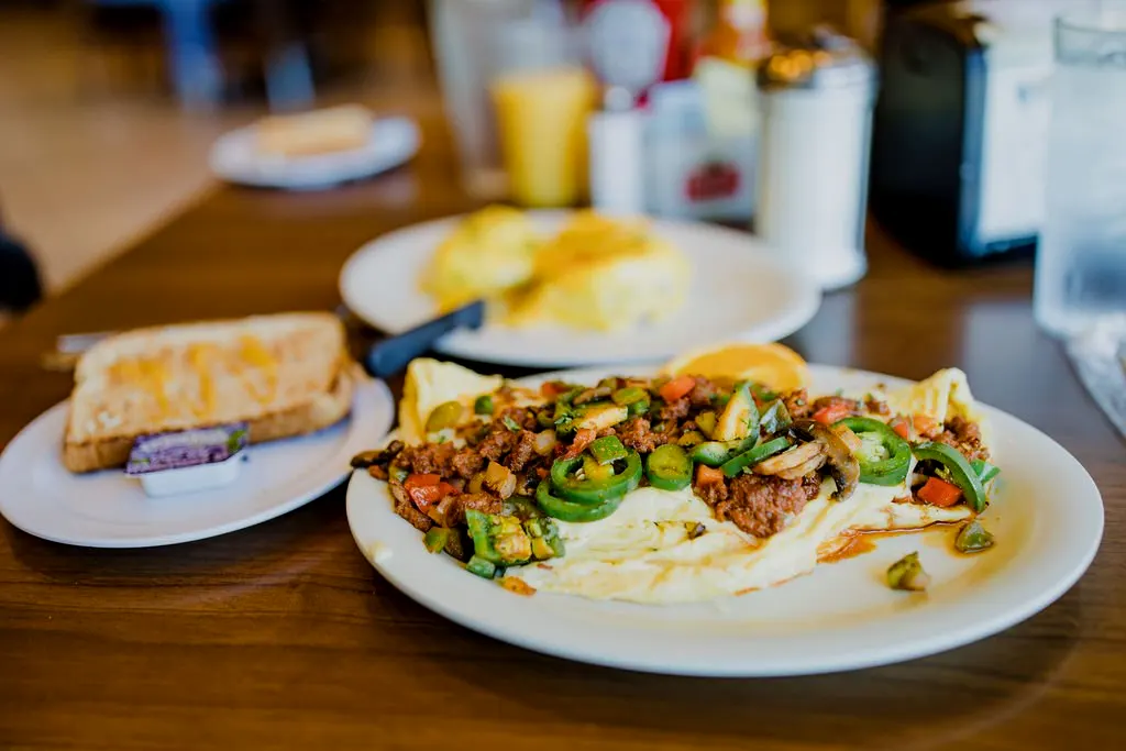 Breakfast plates at a Destin harbor-front restaurant